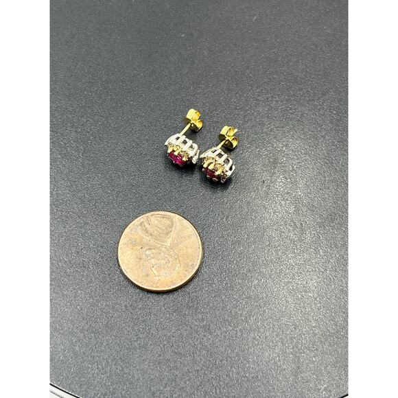 Vintage 14k Two Tone Gold Genuine
Ruby & Diamond Halo Stud Small Earrings - Picture 5 of 16